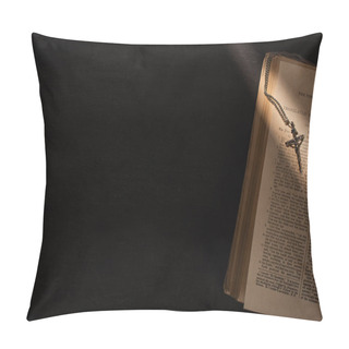 Personality  KYIV, UKRAINE - JANUARY 17, 2020: Top View Of Open Holy Bible With Cross On Dark Background With Sunlight Pillow Covers