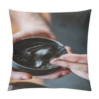 Personality  Cropped View Of Barber Holding Jar With Black Hair Pomade  Pillow Covers