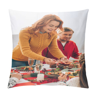 Personality  Selective Focus Of Happy Mother Serving Sauce On Plate At Festive Table Pillow Covers