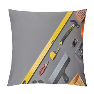Personality  Flat Lay With Brick, Hammer, Measuring Tape, Helmet, Tool Belt And Industrial Tools On Grey Background Pillow Covers