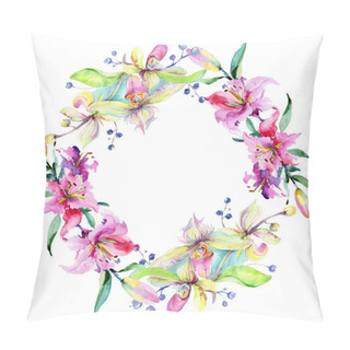 Personality  Frame With Pink And Purple Orchid Flowers. Watercolour Drawing Fashion Aquarelle Isolated. Ornament Border  Pillow Covers