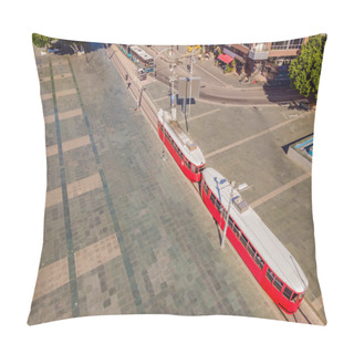 Personality  Nostalgic Retro Tram At Central Muratpasa District. Old Tram Is A Popular Tourist Attraction In Antalya. Drone View. Pillow Covers