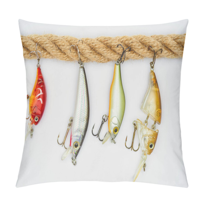 Personality  view from above of nautical rope and fishing bait isolated on white  pillow covers