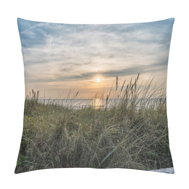 Personality  Sunset over dunes and dune vegetation (Marram grass) and over the North Sea at Egmond aan Zee, the Netherlands pillow covers