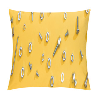 Personality  Top View Of Metal Nuts And Bolts On Yellow Background, Panoramic Shot Pillow Covers