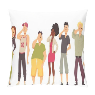 Personality  Group Disappointed Young People In Stress Cover Faces Gestures Of Sorrow. Pillow Covers