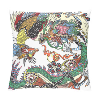 Personality  Jade Green Dragon And Gold Phoenix Feng Huang Playing A Pearl. Two Celestial Mythological Creatures. Vector Illustration Inspired By A Chinese Folklore Legend Or Myth, Tale Pillow Covers