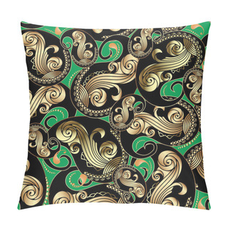 Personality  Ornate Gold And Black Vintage Paisley Seamless Pattern. Green Vector Ornamental Floral Background. Repeat Decorative Ethnic Style Backdrop. Hand Drawn Elegance Paisley Flowers, Swirls, Dots, Lace.  Pillow Covers