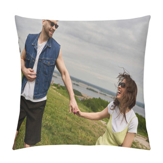 Personality  Smiling Bearded Man In Sunglasses And Stylish Denim Vest Holding Hand Of Cheerful Girlfriend In Sundress And Spending Time On Grassy Hill At Background, Countryside Wanderlust And Love Concept Pillow Covers