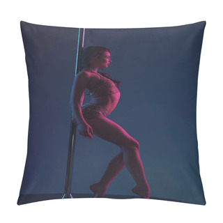 Personality  Side View Of Seductive Sporty Girl Leaning At Pole And Looking Away On Blue Pillow Covers