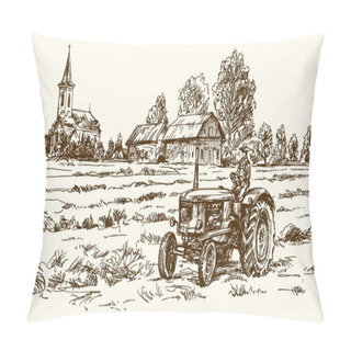 Personality  Tractor Collecting Haystack In The Field. Hand Drawn Vector Illu Pillow Covers