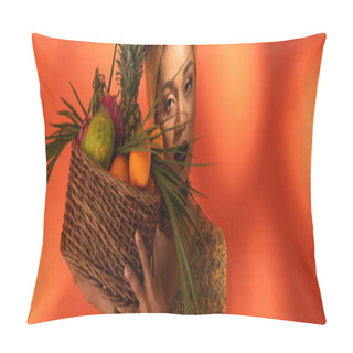 Personality  Young African American Woman Holding Basket With Exotic Fruits Near Face On Orange, Banner Pillow Covers