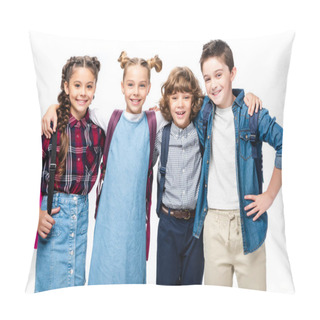 Personality  Classmates Hugging And Looking At Camera Isolated On White  Pillow Covers