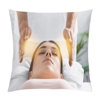 Personality  Cropped View Of Healer Standing Near Patient On Massage Table And Cleaning Aura Pillow Covers