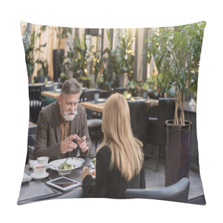 Personality  Partial View Of Senior Man And Woman Having Dinner Together In Restaurant Pillow Covers