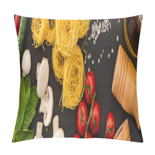 Personality  Top View Of Raw Italian Capellini With Vegetables And Seasoning On Black Background, Panoramic Shot Pillow Covers
