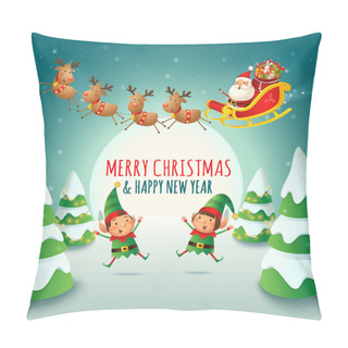 Personality  Merry Christmas And Happy New Year - Santa Claus Sleigh And Elves Celebrate Holidays - Winter Night Landscape Pillow Covers