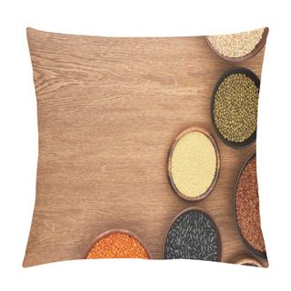 Personality  Top View Of Bowls With Black Beans, Maash, Red Lentil, Couscous And Buckwheat On Wooden Surface Pillow Covers