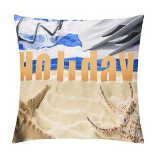 Personality  Mask And Holiday Inscription On Sandy Beach With Seashell And Strafish Pillow Covers