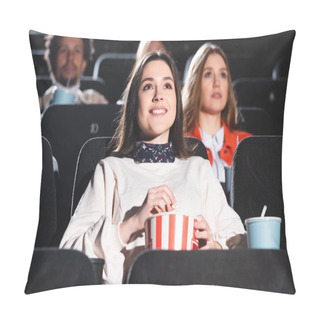Personality  Selective Focus Of Smiling Woman Holding Popcorn And Watching Movie In Cinema Pillow Covers