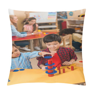 Personality  Selective Focus Of Kids Playing During Lesson In Montessori School With Children And Teacher At Background Pillow Covers