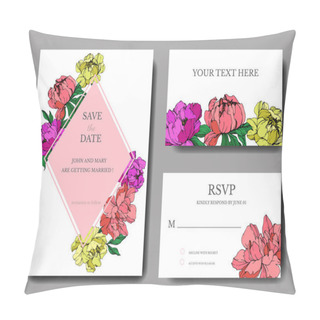 Personality  Vector Wedding Elegant Invitation Cards With Purple, Yellow And Living Coral Peonies Illustration On White Background. Pillow Covers