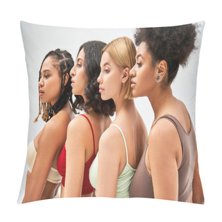 Personality  Multiethnic Women In Colorful And Modern Bras Looking Away While Standing Together Isolated On Grey, Different Body Types And Self-acceptance Concept, Multicultural Models Pillow Covers