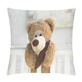 Personality  Close Up View Of Teddy Bear Hanging On White Wooden Baby Crib In Room Pillow Covers