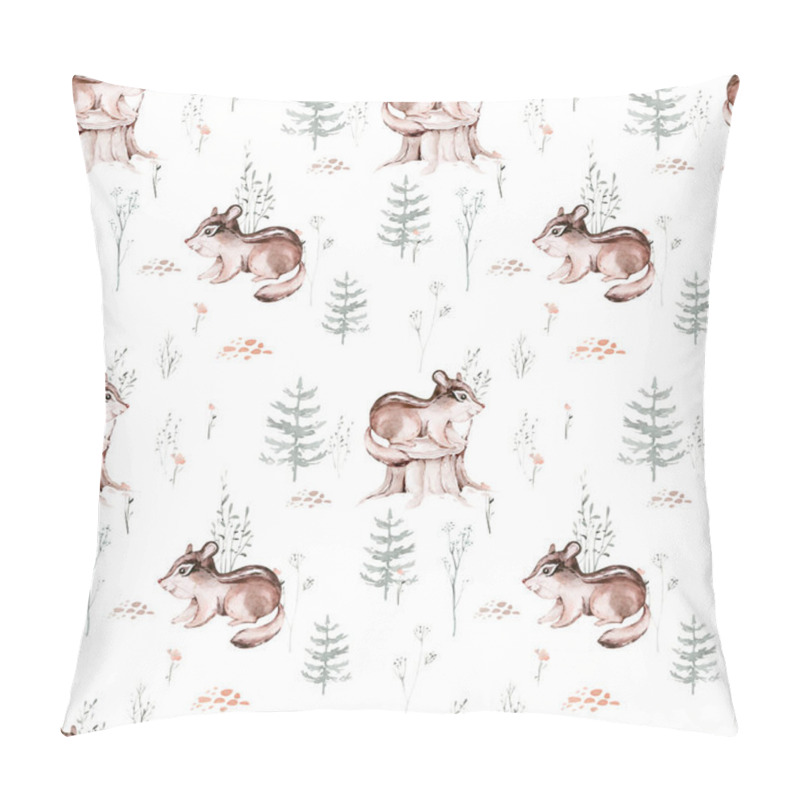 Personality  Watercolor Woodland animals seamless pattern. Fabric wallpaper background with Owl, hedgehog, fox and butterfly, Bunny rabbit set of forest squirrel and chipmunk, bear and bird baby animal, Scandinavian Nursery pillow covers