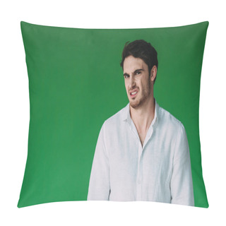 Personality  Disgusted Man In White Shirt Looking At Camera Isolated On Green Pillow Covers