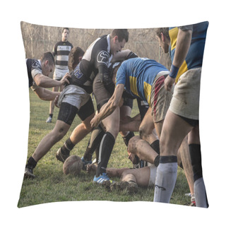 Personality  BELGRADE, SERBIA - MARCH 1, 2015:  Rugby Scrum During A Training Of The Partizan Rugby Team With White Caucasian Men Confronting And Packing In Group To Get The Ball Pillow Covers