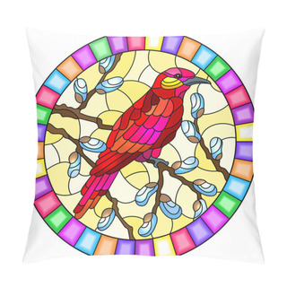 Personality  Illustration In Stained Glass Style With A Bright  Red Bird On Willow Branches ,oval Image In Bright Frame Pillow Covers