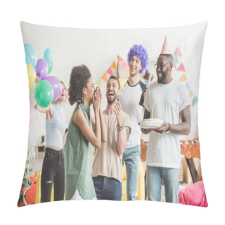 Personality  Happy Young Men And Woman Celebrating With Birthday Cake  On Surprise Party Pillow Covers