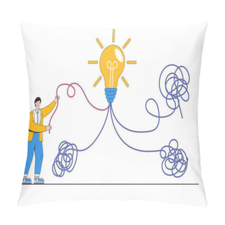 Personality  Simplify Idea To Find Solution, Thought Process Or Creativity To Solve Issue, Discover Easy Way To Understand Concepts. Smart Businessman Solving From Mess Chaos Line To Simple Lightbulb Idea. Pillow Covers