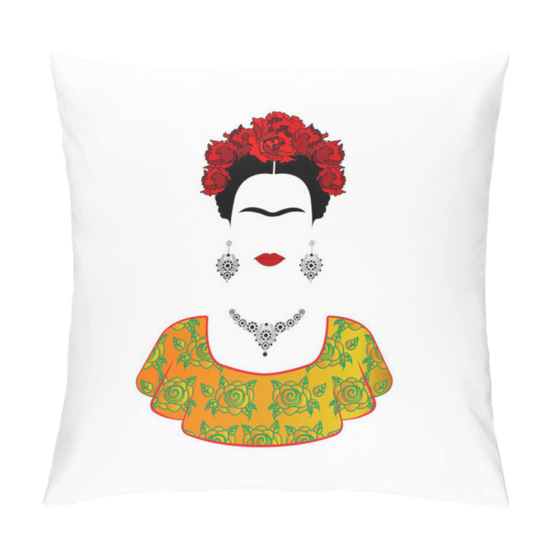 Personality  Frida Kahlo Vector Portrait , Young Beautiful Mexican Woman With A Traditional Hairstyle. Mexican Crafts Jewelry And Red Flowers, Traditional Mexican Dress, Vector Isolated Pillow Covers