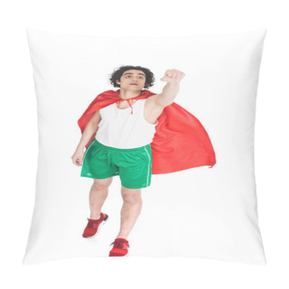 Personality  Young Superhero In Red Cape Depicting Flying Isolated On White Pillow Covers