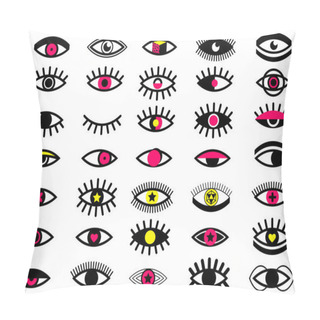 Personality  Big Set Of Memphis Style Eye Icons. Collection Of 35 Psychedelic Eyes. Memphis Style Design Elements Set For Pattern. Retro 80's Collection For Textile, Web, Design Pattern, Backgrounds. Fashion Style Pillow Covers
