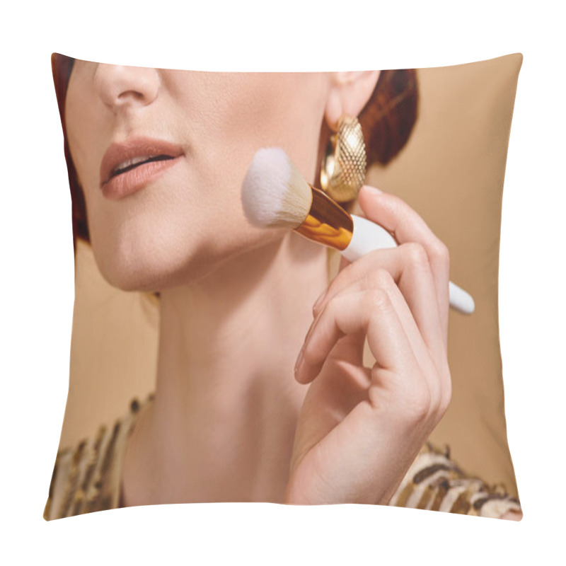 Personality  Cropped Redhead Woman In Gold Earring Holding Makeup Brush For Liquid Foundation Application Pillow Covers