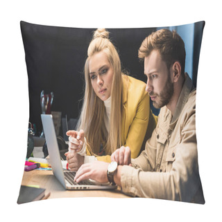 Personality  Focused Female And Male It Specialists Using Laptop In Office Pillow Covers