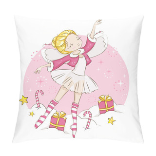 Personality  Beautiful Little Fairy. She's Blonde. Princess Dancing In A Ballerina Costume. She Is Wearing Socks With A Christmas Pattern  And A Red Cloak Trimmed With Fur. Vector On White Background.  Pillow Covers