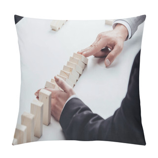 Personality  Partial View Of Man Pushing Wooden Bricks While Woman Preventing Row From Falling Pillow Covers
