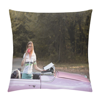 Personality  Young Woman Drinking Coffee With Closed Eyes While Standing In Cabriolet And Holding Road Atlas, Banner Pillow Covers
