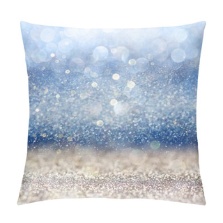 Personality  Glitter Vintage Lights Background With Light Burst . Silver, Blue And White. De-focused. Pillow Covers