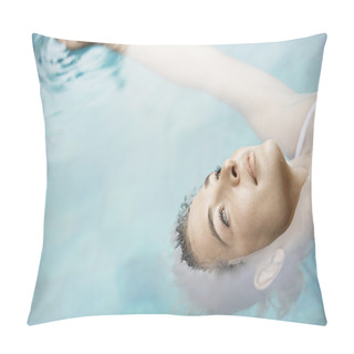 Personality  Attractive Young Woman Floating On Blue Water. Pillow Covers