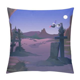 Personality A Vulture Sits On A Grave Cross On The Old Cemetery In The Twilight By The Light Of The Full Moon. Poster On Theme Of Halloween Holiday Party. Vector Cartoon Close-up Illustration. Pillow Covers