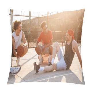 Personality  Group Of Cheerful Multiethnic Friends Basketball Players Sitting At The Sports Ground Pillow Covers