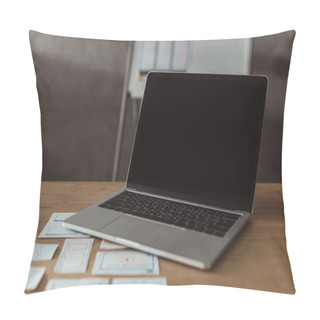 Personality  Selective Focus Of Laptop With Blank Screen And Website Wireframe Sketches On Table Pillow Covers