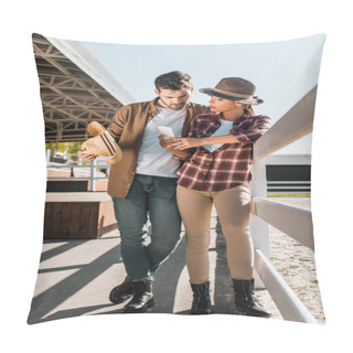 Personality  Stylish Equestrians In Casual Clothes Looking At Smartphone At Ranch Pillow Covers