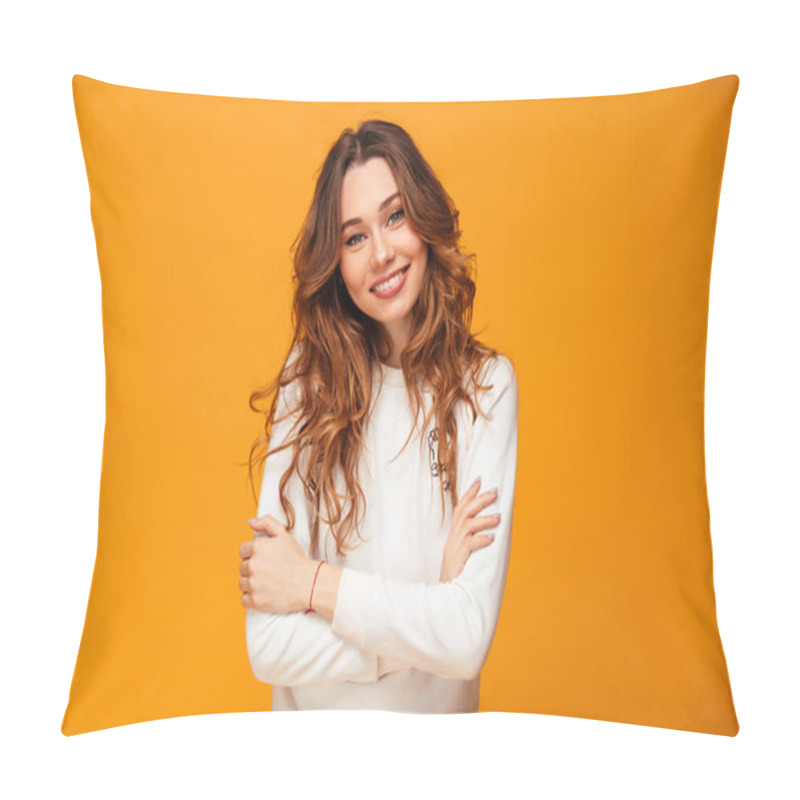 Personality  Smiling brunette woman in sweater posing with crossed arms pillow covers