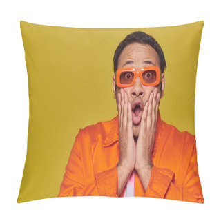 Personality  Expressive, Shocked Indian Man In Orange Sunglasses Touching Face And Saying Wow On Yellow Backdrop Pillow Covers